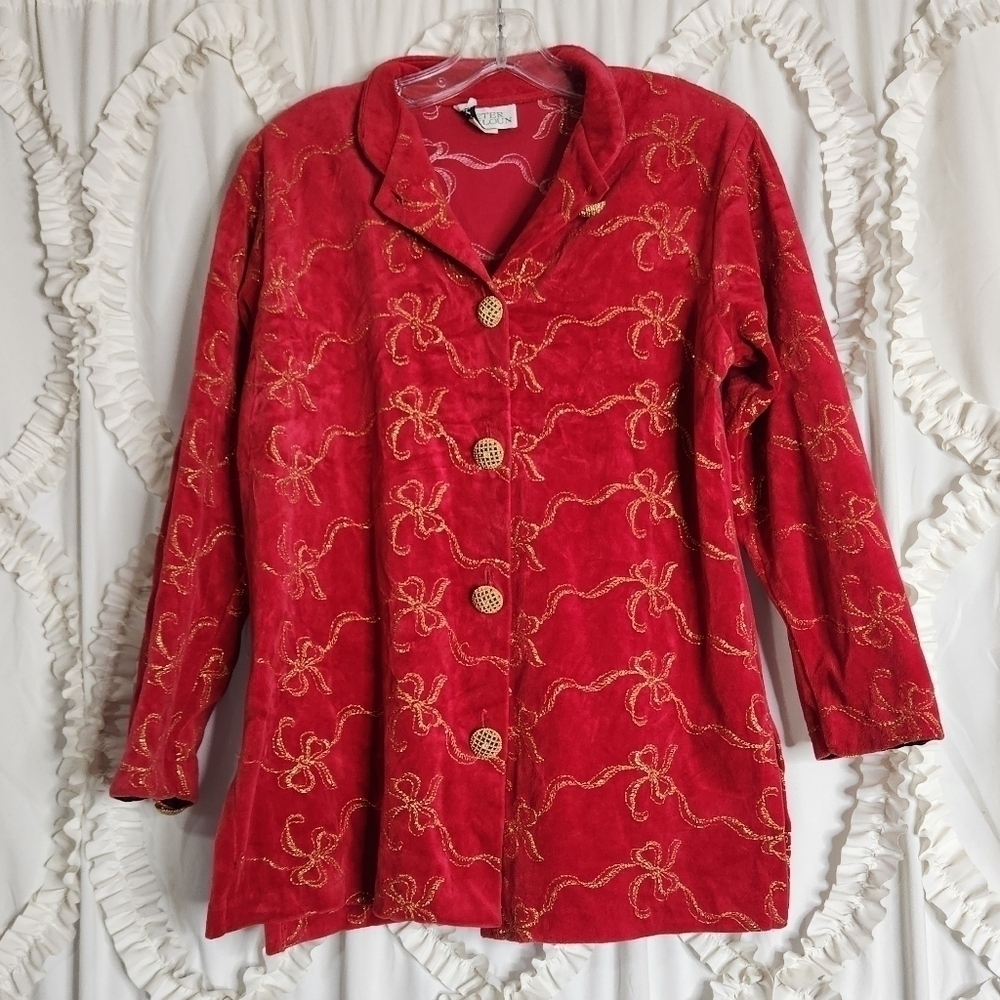 Vintage Red Christmas Gold Bows Button  Cardigan Glitter Sweater sz Small